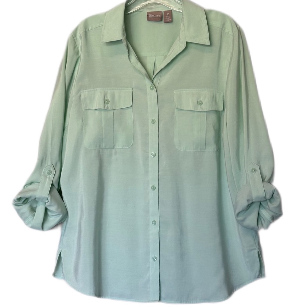 Chico’s Mint Green Button Down Camp Shirt Size (2) Large